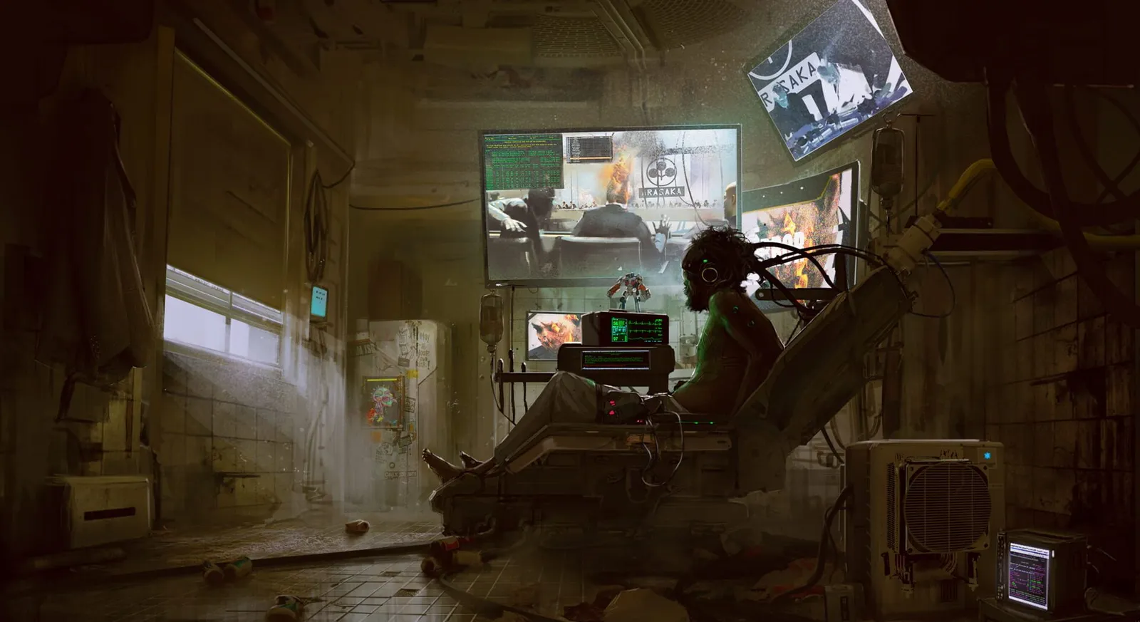 A lone figure sitting in a dim, cluttered room in front of glowing monitors, painted in warm brown tones