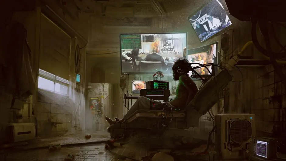 A lone figure sitting in a dim, cluttered room in front of glowing monitors, painted in warm brown tones