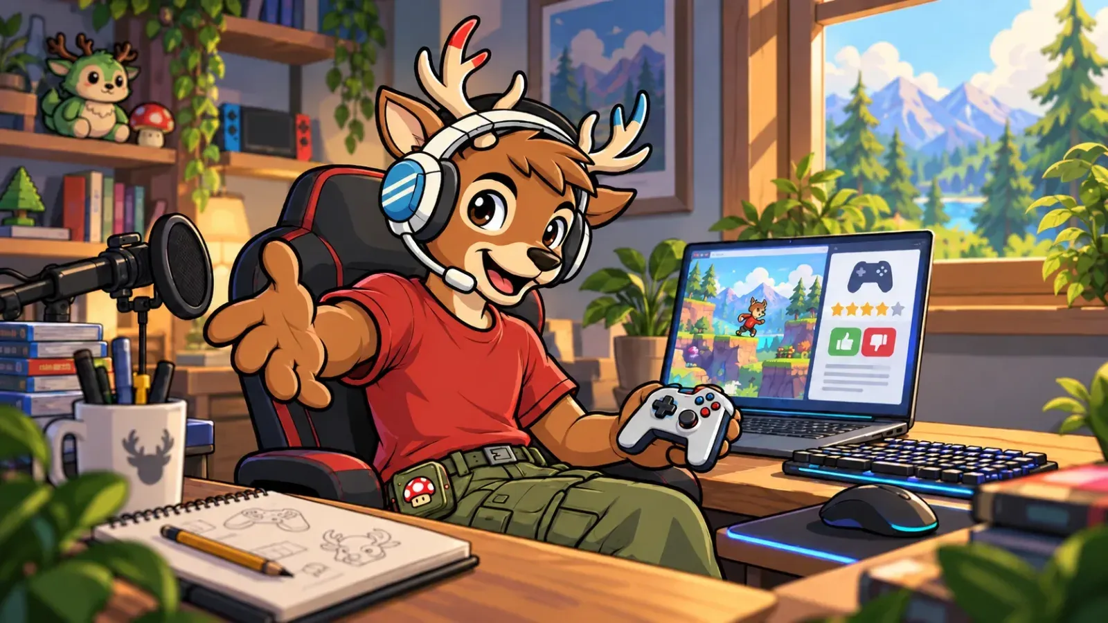 A smiling Gamer Deer in a headset and red T-shirt reaches out from his gaming chair, controller in hand, next to a laptop showing a game review, in a cosy cabin with a mountain view