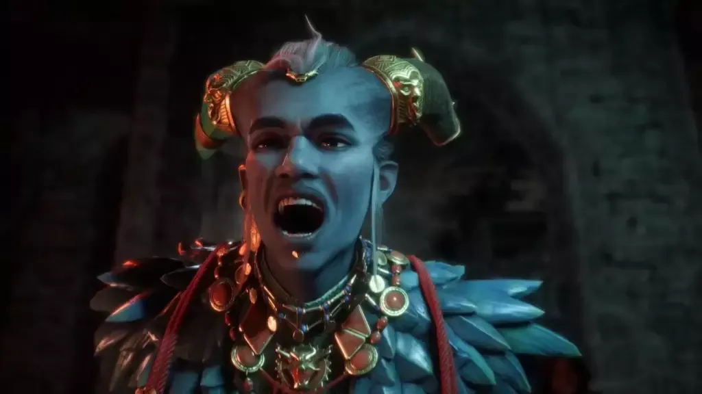 A horned character in ornate armour shouting inside a dark stone building.