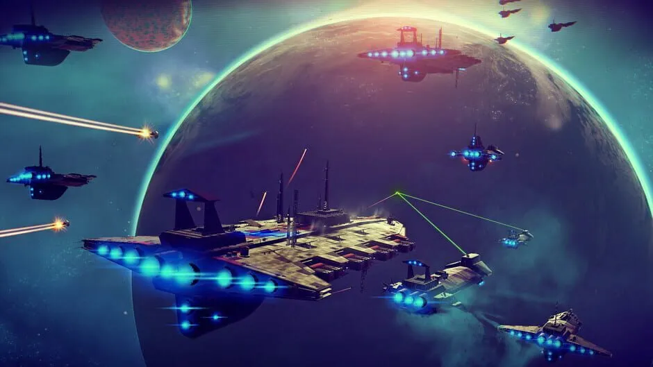 A large freighter and several small fighters exchanging laser fire in front of a glowing planet