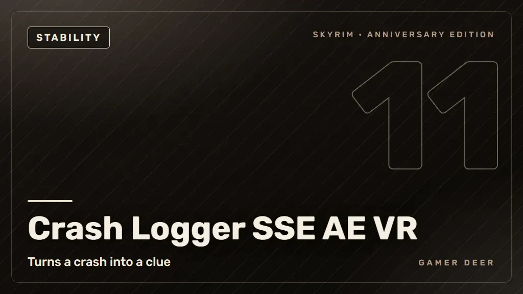 Gamer Deer title card for Crash Logger SSE AE VR: Turns a crash into a clue