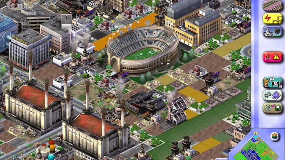 An isometric city district with a large stadium, factories, roads and residential blocks.