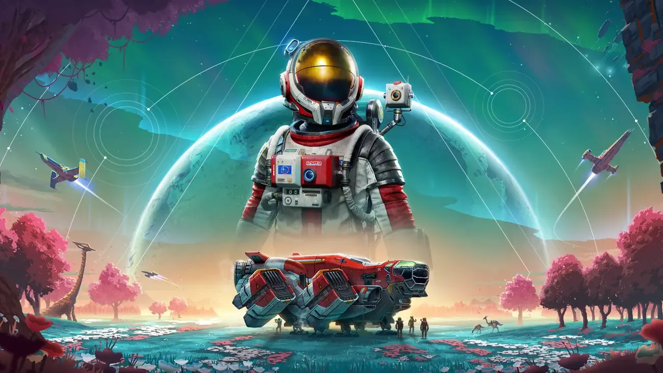 Four explorers in spacesuits stand on a colourful alien plain beneath a floating crystal shape, with pink alien trees and starships in the sky