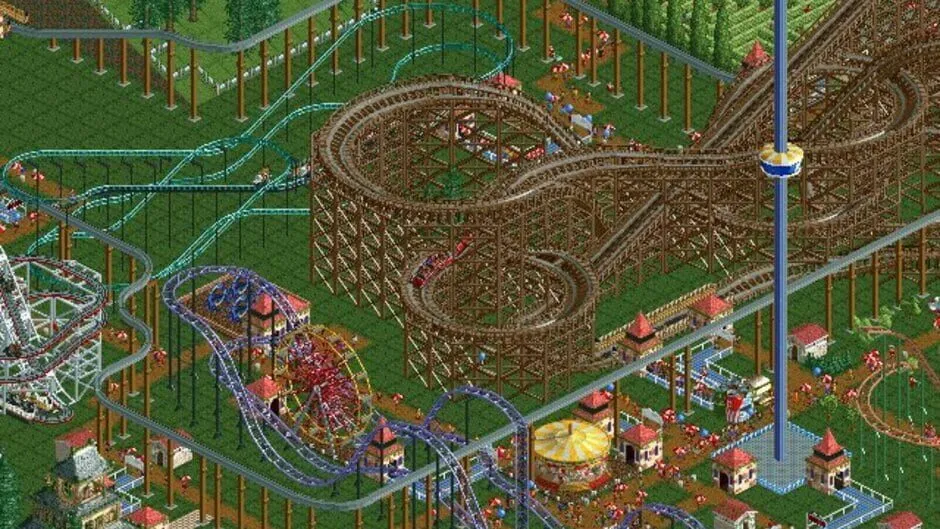 Wooden and steel roller coasters winding around a crowded park, with a tall observation ride.