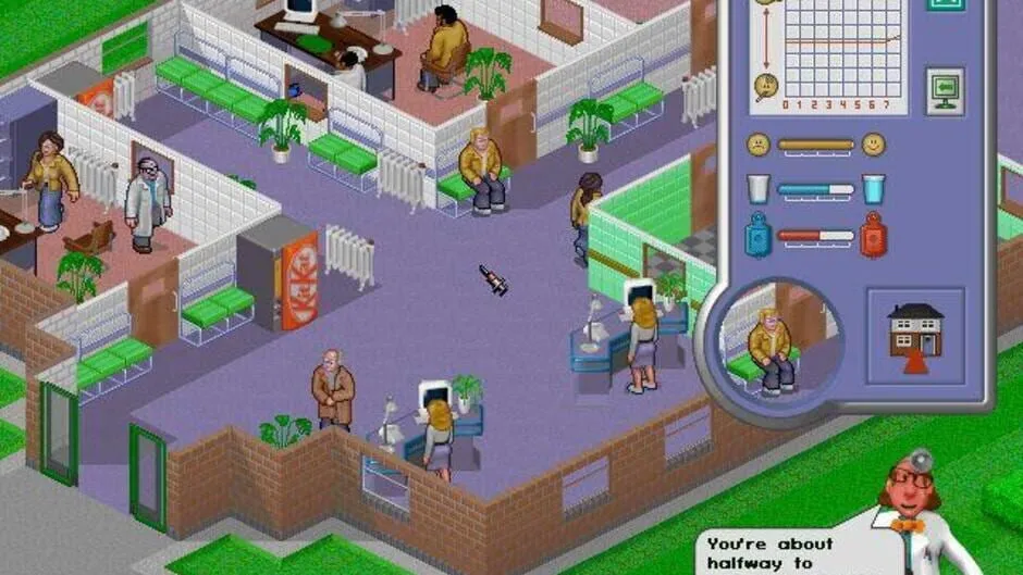 Patients and doctors in a hospital with green benches, treatment rooms and a patient information window.