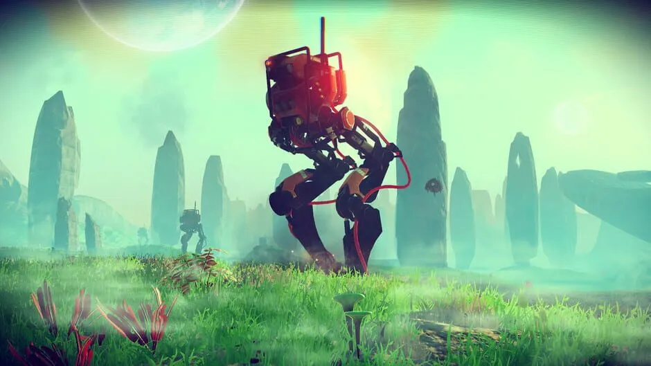 A tall red robot walking among stone pillars on a green alien landscape under a hazy sky
