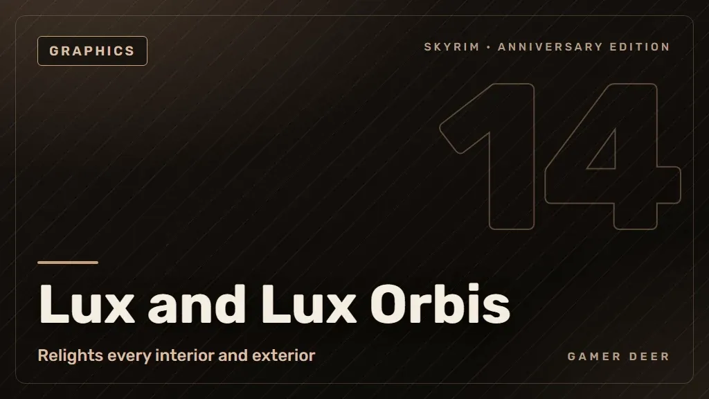 Gamer Deer title card for Lux and Lux Orbis: Relights every interior and exterior