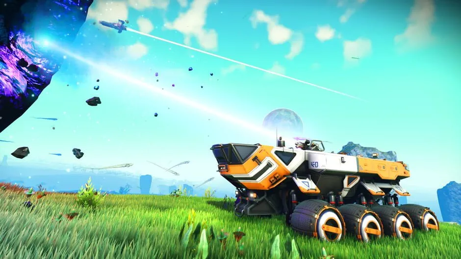 A white and orange six-wheeled exploration vehicle parked on a green hillside beneath a bright blue sky