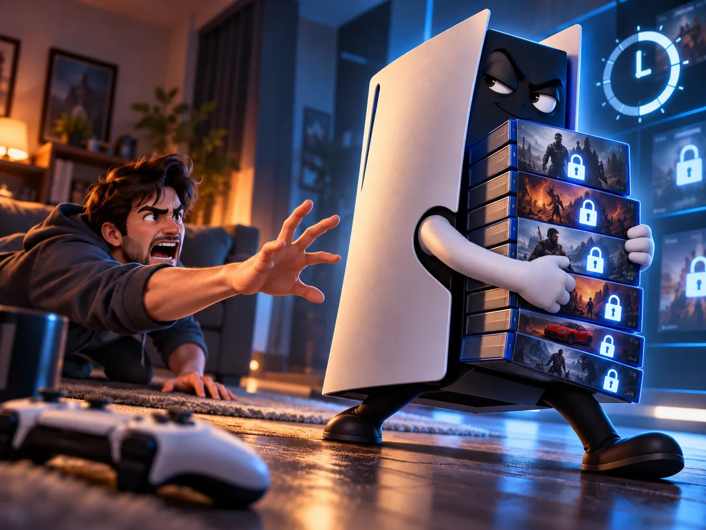 An angry man in a hoodie lunges across a living room floor toward a cartoon PlayStation 5 with a smug face, which hugs a stack of game cases each marked with a glowing padlock, while a license timer clock glows on a screen behind it