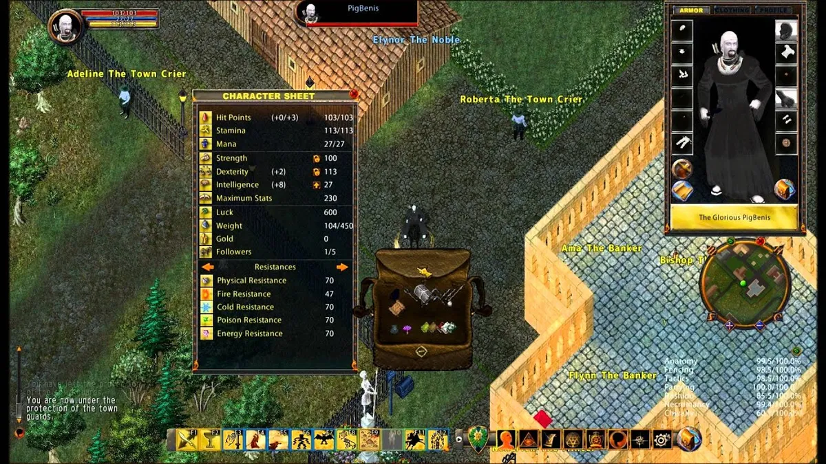 A cobbled town in the Enhanced Client with an open character sheet of stats and resistances, a backpack, a paperdoll of a hooded character, a minimap and a row of skill icons