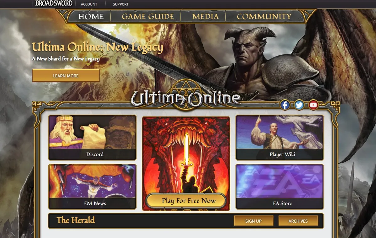 The Ultima Online website homepage over artwork of a horned demon with a sword and a dragon wing, with the banner Ultima Online: New Legacy and tiles for Discord, Player Wiki, EM News, the EA Store and Play For Free Now