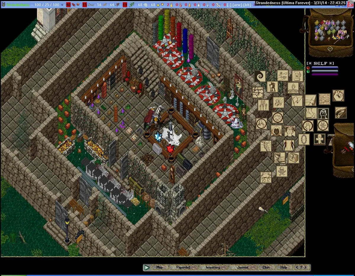 An isometric view inside a stone player-built house filled with potions, chests, shelves and red-and-white tiled circles, with a rider on a white horse in the middle