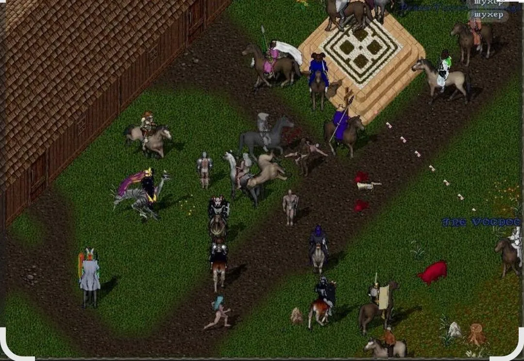 Mounted and unmounted characters on a dirt road beside a large wooden building and a tiled stone platform, with bloodstains on the ground
