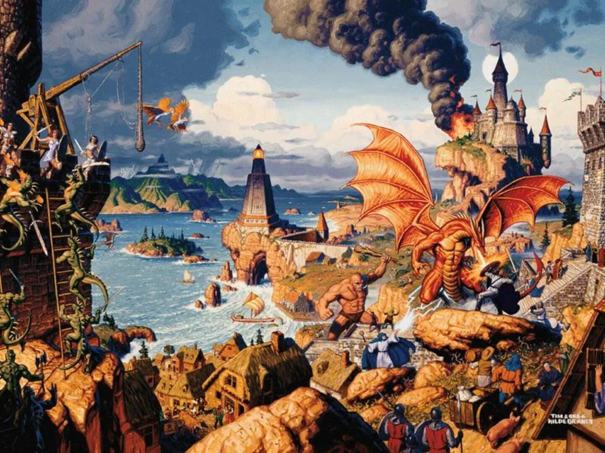 A painted fantasy scene of a coastal town with a lighthouse, a large orange dragon attacking from the right, and giants and townsfolk among the rooftops