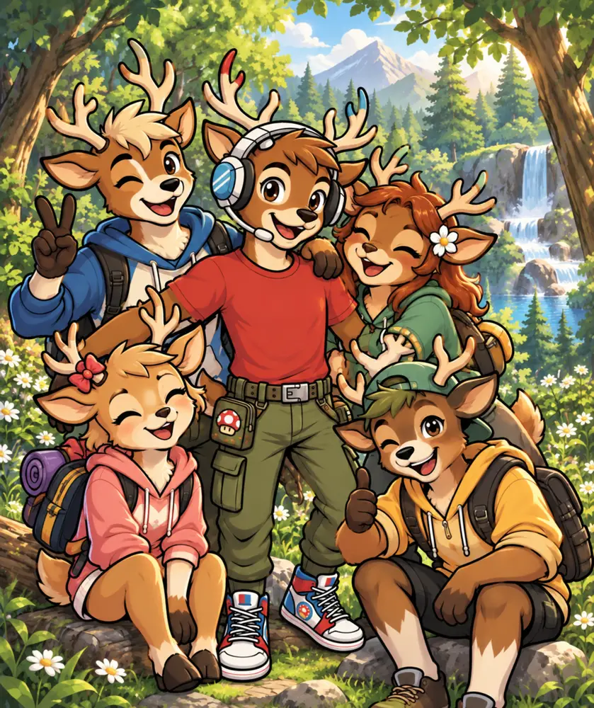 The Gamer Deer herd, five smiling deer friends with backpacks, posing together in a sunny forest clearing with a waterfall behind them